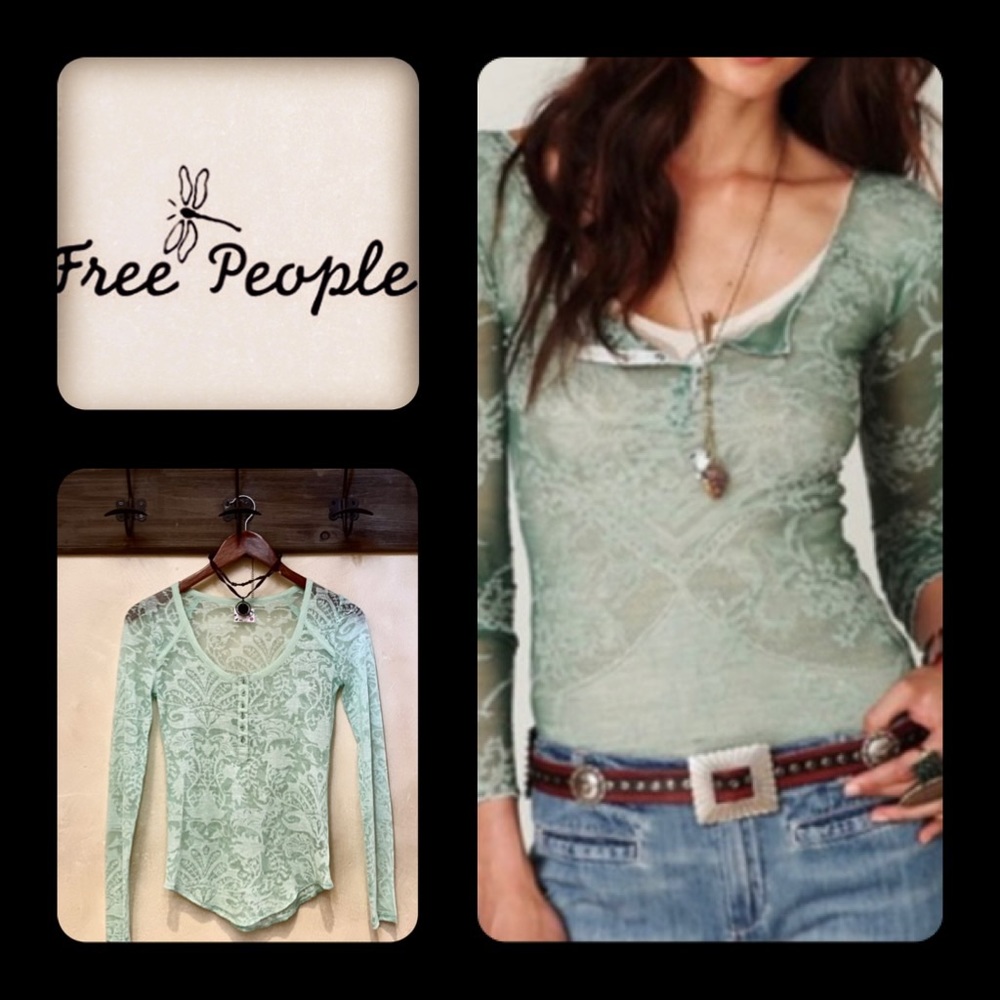 🪶3/$35 FREE PEOPLE Intimately Damask Mint Burnout Sheer Henley Top-XS/S